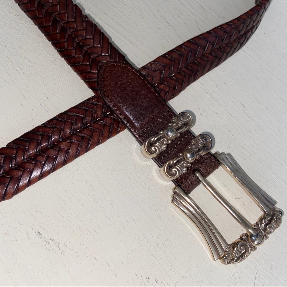 Brighton Brown Leather Braided Belt with Silver Buckle women’s 32